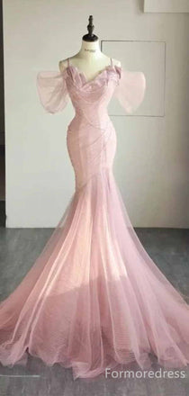 Elegant V-neck Pink Off-Shoulder Mermaid Long Prom Dress,PD423