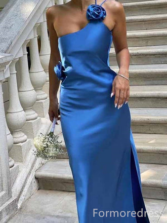 Elegant Blue One Shoulder Split Side Mermaid Long Prom Dress,PD428