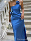 Elegant Blue One Shoulder Split Side Mermaid Long Prom Dress,PD428