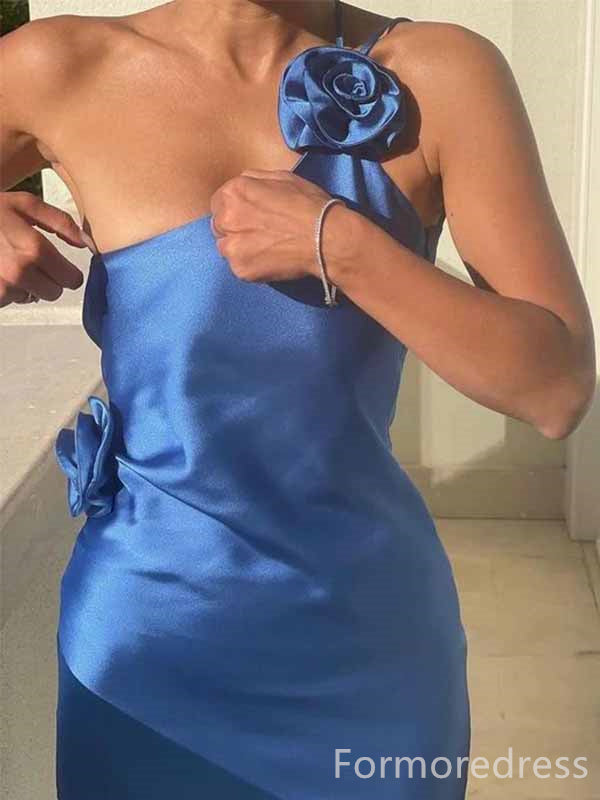 Elegant Blue One Shoulder Split Side Mermaid Long Prom Dress,PD428