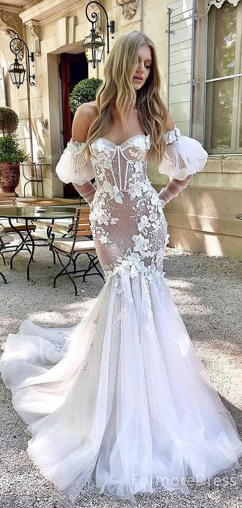 Elegant Sweatheart Off-Shoulder Appliques Mermaid Long Wedding Dress, WD107