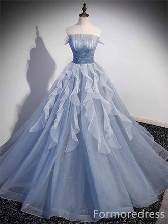 Elegant Blue Strapless A-line Long Prom Dress,PD434