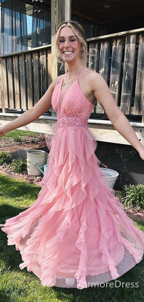 Elegant V-neck Spaghetti Strap A-line Long Prom Dress,  PD67