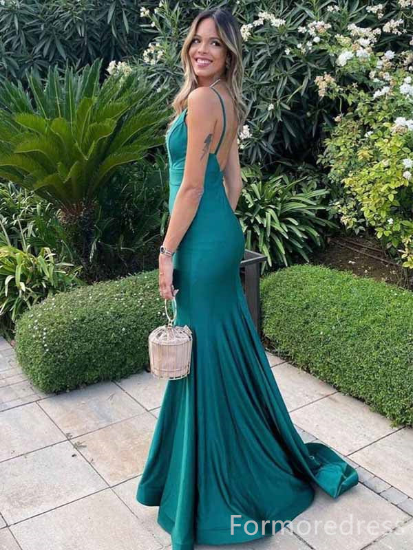 Elegant V-neck Spaghetti Strap Green Spaghetti Strap Mermaid Long Prom Dress,PD444