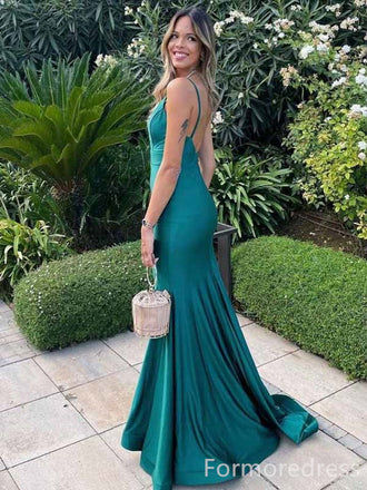 Elegant V-neck Spaghetti Strap Green Spaghetti Strap Mermaid Long Prom Dress,PD444