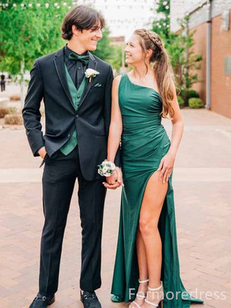 Elegant Green One Shoulder Split Side Mermaid Long Prom Dress,PD446