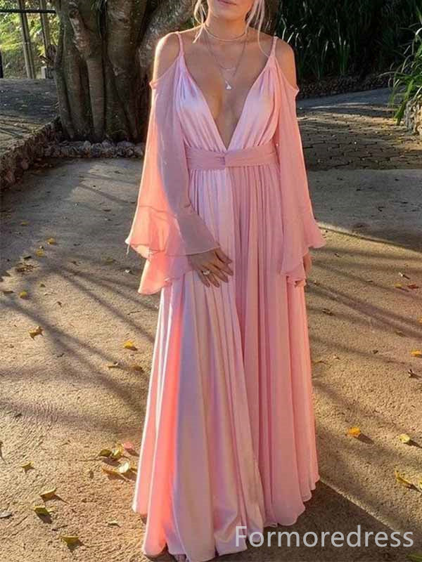 Sexy V-neck Spaghetti Strap Long Sleeves A-line Long Prom Dress,PD456