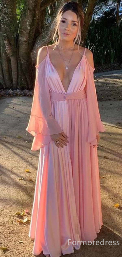 Sexy V-neck Spaghetti Strap Long Sleeves A-line Long Prom Dress,PD456