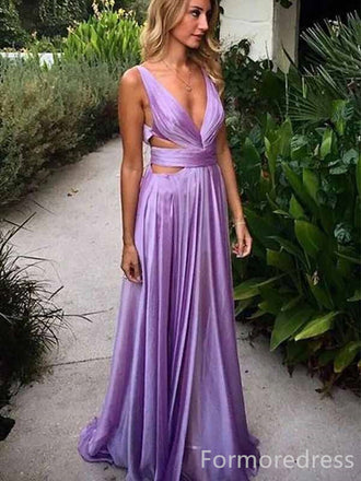 Sexy V-neck Purple Straps A-line Long Prom Dress,PD458