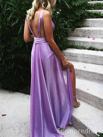 Sexy V-neck Purple Straps A-line Long Prom Dress,PD458