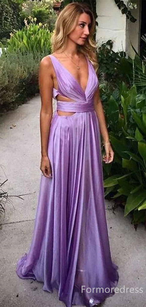 Sexy V-neck Purple Straps A-line Long Prom Dress,PD458