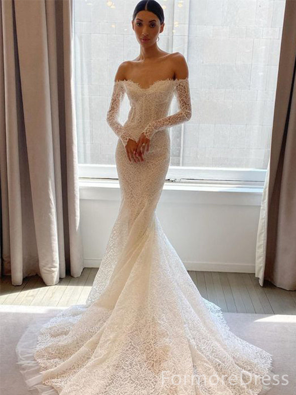 Elegant Sweatheart Off-Shoulder Lace Mermaid Long Wedding Dress, WD108