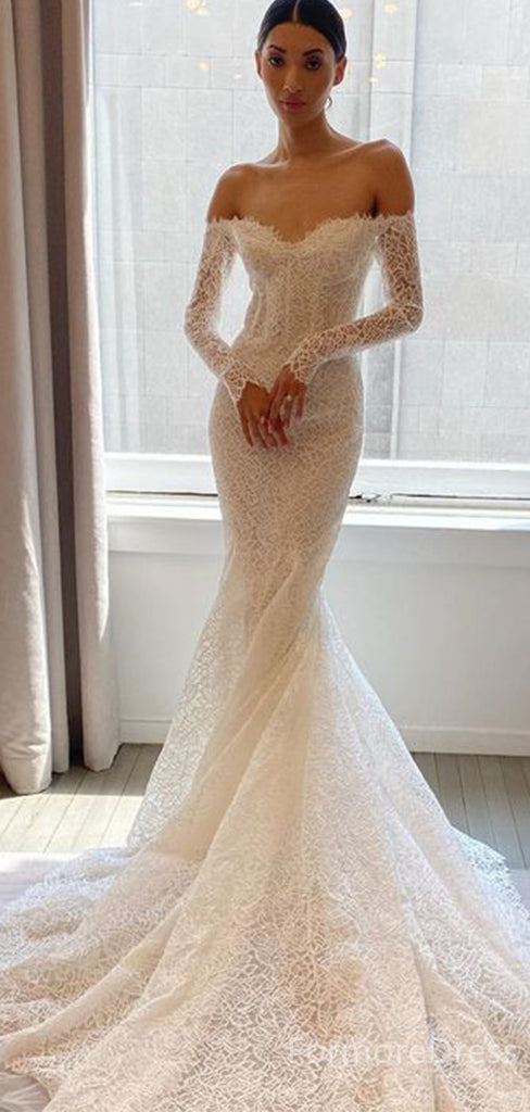 Elegant Sweatheart Off-Shoulder Lace Mermaid Long Wedding Dress, WD108