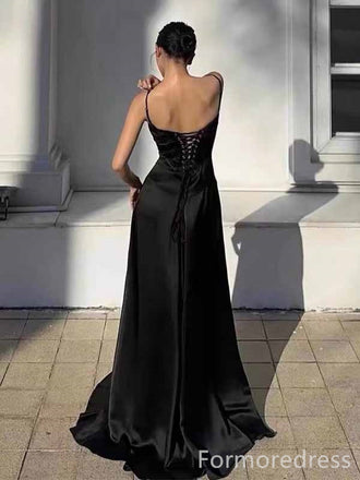 Elegant Black Spaghetti Strap A-line Long Prom Dress,PD4564