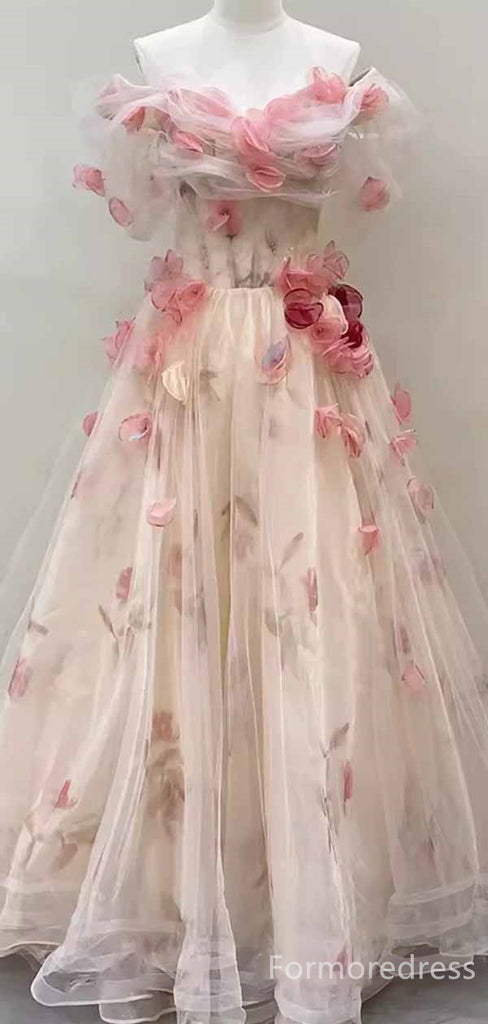 Gorgeous V-neck Off-Shoulder Appliques A-line Long Prom Dress,PD4582