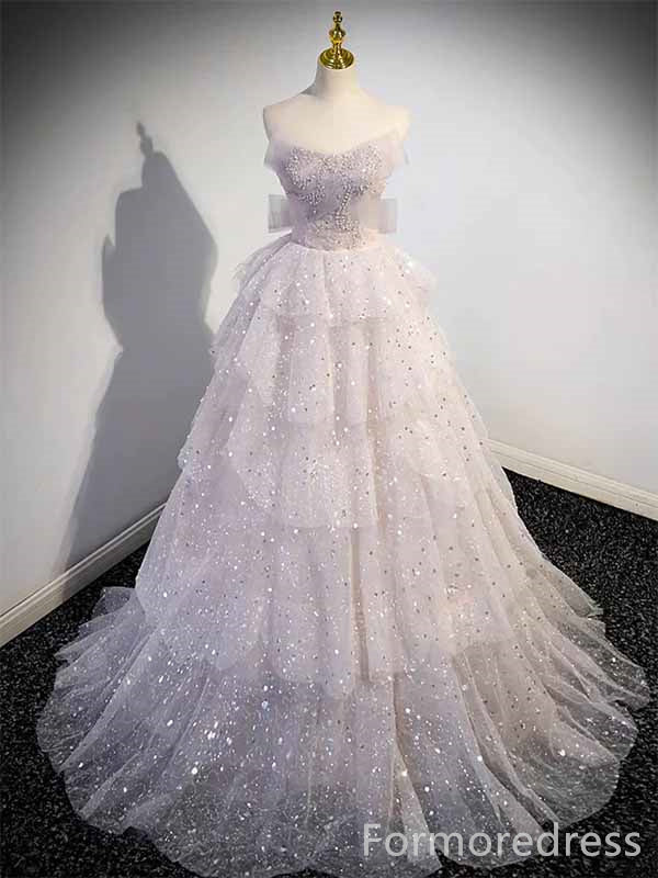 Sparkly V-neck Strapless A-line Long Prom Dress,PD4584