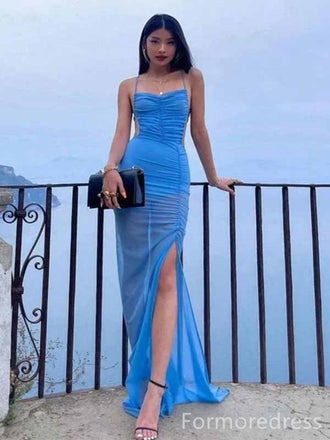 Gorgeous Spaghetti Strap Blue Split Side Mermaid Long Prom Dress,PD4588