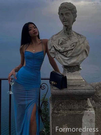 Gorgeous Spaghetti Strap Blue Split Side Mermaid Long Prom Dress,PD4588
