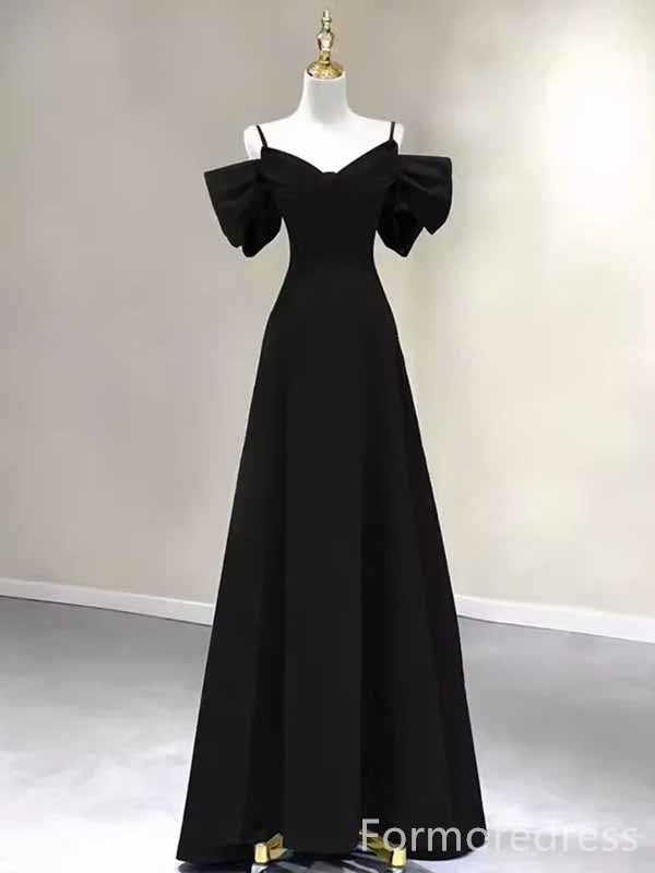 Elegant V-neck Black Spaghetti Strap A-line Long Prom Dress,PD4595