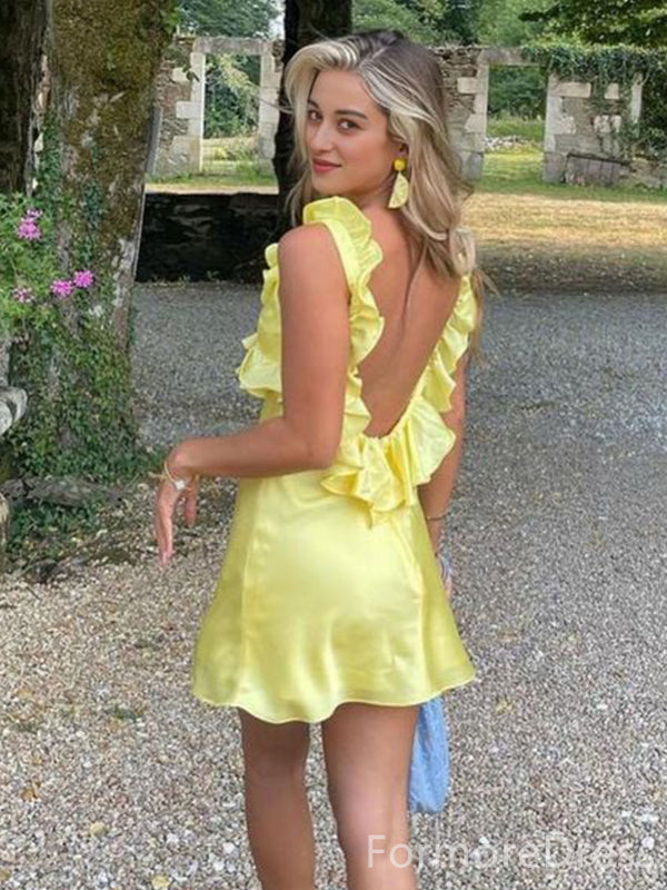 Simple Backless Yellow A-line Short Mini Homecoming Dress,  HD83