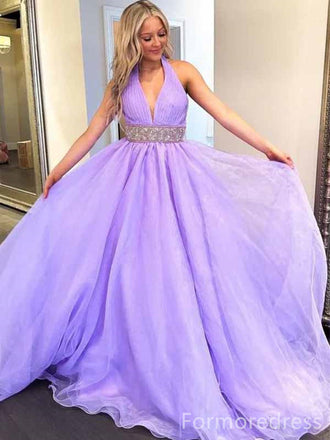 Elegant V-neck Halter Purple A-line Long Prom Dress,PD4585