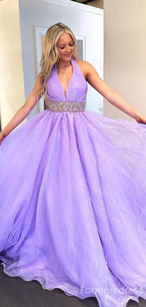 Elegant V-neck Halter Purple A-line Long Prom Dress,PD4585