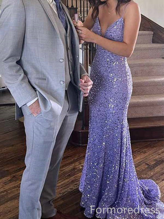 Sparkly V-neck Spaghetti Strap Mermaid Long Prom Dress,PD4583