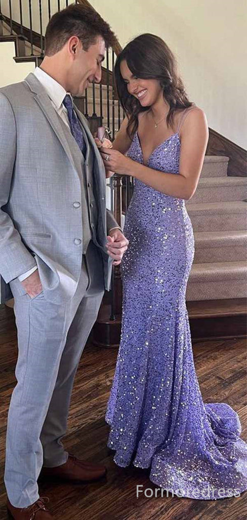 Sparkly V-neck Spaghetti Strap Mermaid Long Prom Dress,PD4583