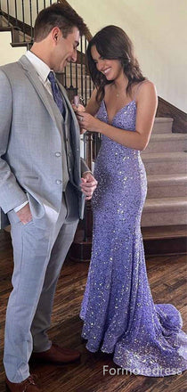 Sparkly V-neck Spaghetti Strap Mermaid Long Prom Dress,PD4583