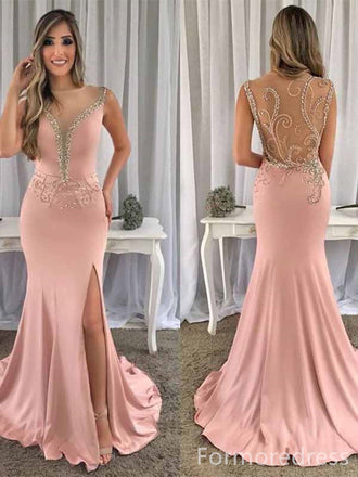 Gorgeous V-neck Beadings Split Side Mermaid Long Prom Dress,PD4581