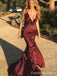 Sexy Deep V-neck Burgndy Spaghetti Strap Mermaid Long Prom Dress,PD4575