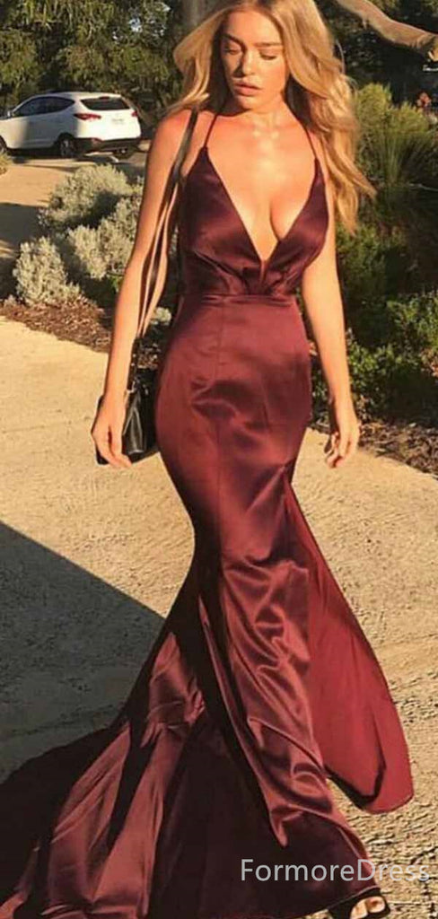 Sexy Deep V-neck Burgndy Spaghetti Strap Mermaid Long Prom Dress,PD4575