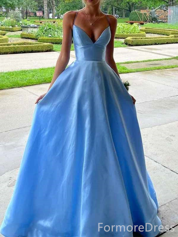 Elegant V-neck Blue Spaghetti Strap A-line Long Prom Dress,PD4565