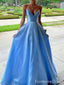 Elegant V-neck Blue Spaghetti Strap A-line Long Prom Dress,PD4565