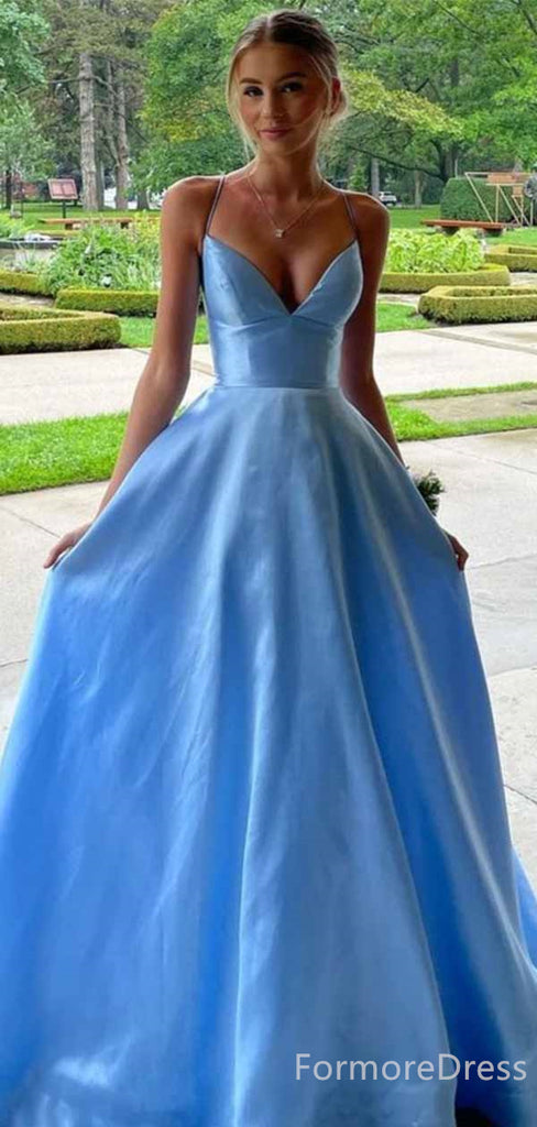 Elegant V-neck Blue Spaghetti Strap A-line Long Prom Dress,PD4565