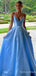 Elegant V-neck Blue Spaghetti Strap A-line Long Prom Dress,PD4565