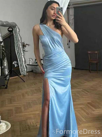 Elegant One Shoulder Blue Side Split Mermaid Long Prom Dress,PD4561