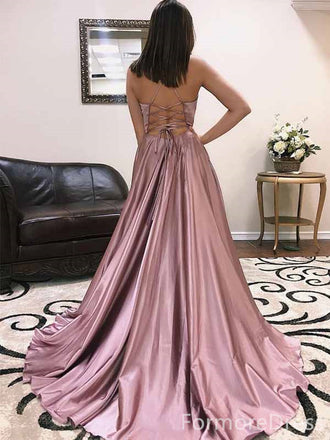 Sexy V-neck Spaghetti Strap Side Split A-line Long Prom Dress,PD459