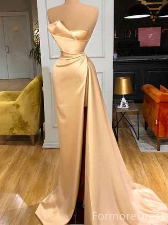 Elegant Strapless Split Side Champagne Mermaid Long Prom Dress,PD441