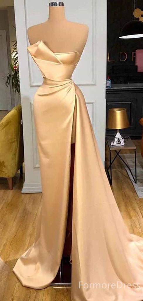 Elegant Strapless Split Side Champagne Mermaid Long Prom Dress,PD441