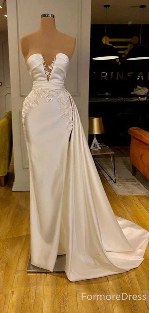 Elegant V-neck Lace Appliques Strapless Split Side Mermaid Long Prom Dress,PD439