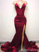Sexy V-neck Burgundy Split Side Strapless Mermaid Long Prom Dress,PD437