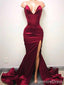 Sexy V-neck Burgundy Split Side Strapless Mermaid Long Prom Dress,PD437