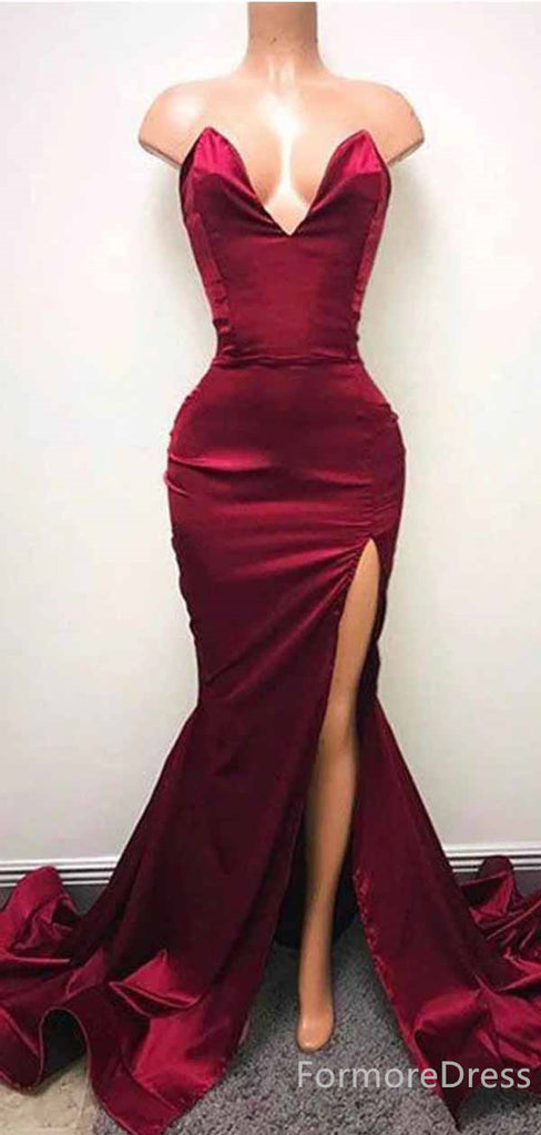 Sexy V-neck Burgundy Split Side Strapless Mermaid Long Prom Dress,PD437