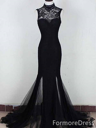 Gorgeous Black Lace Sleeveless Mermaid Long Prom Dress,PD424