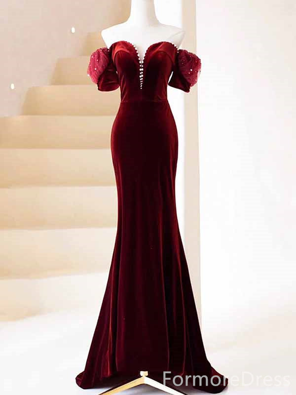 Elegant Sweetheart Off-Shoulder Burgundy Strapless Mermaid Long Prom Dress,PD420
