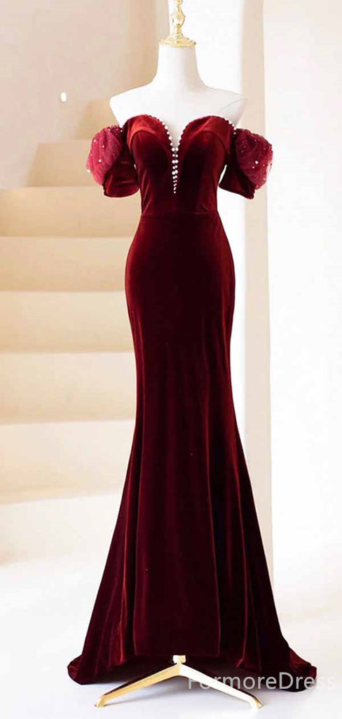 Elegant Sweetheart Off-Shoulder Burgundy Strapless Mermaid Long Prom Dress,PD420