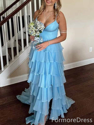 Elegant V-neck Blue Spaghetti Strap Split Side Mermaid Long Prom Dress,PD407