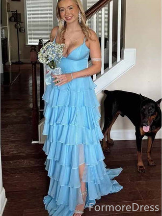 Elegant V-neck Blue Spaghetti Strap Split Side Mermaid Long Prom Dress,PD407