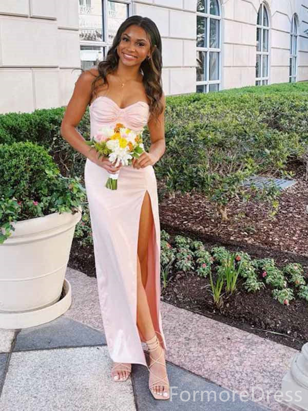 Elegant Sweetheart Pink Strapless Side Slit Mermaid Long Prom Dress,PD403